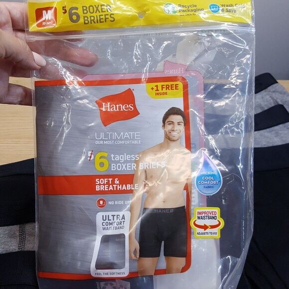 HANES Boxer Briefs Mens Medium Gray Black 6-Pack Ultimate Comfort Tagless - Picture 2 of 4